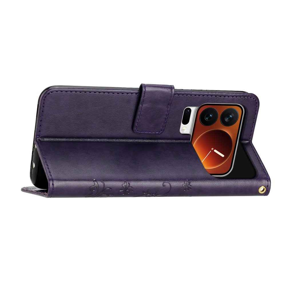 For Xiaomi 17 Pro Leather Wallet Case Butterfly Flower Imprinted Phone Cover with Strap - Dark Purple