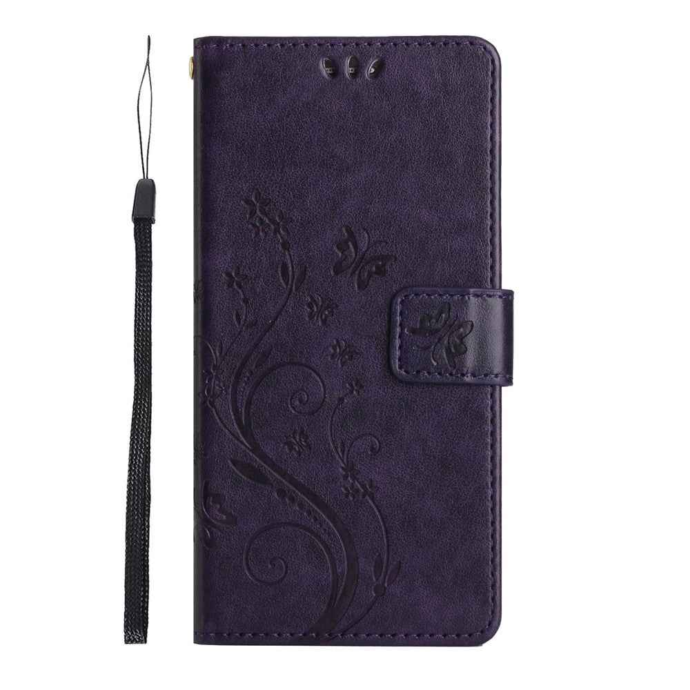 For Xiaomi 17 Pro Leather Wallet Case Butterfly Flower Imprinted Phone Cover with Strap - Dark Purple