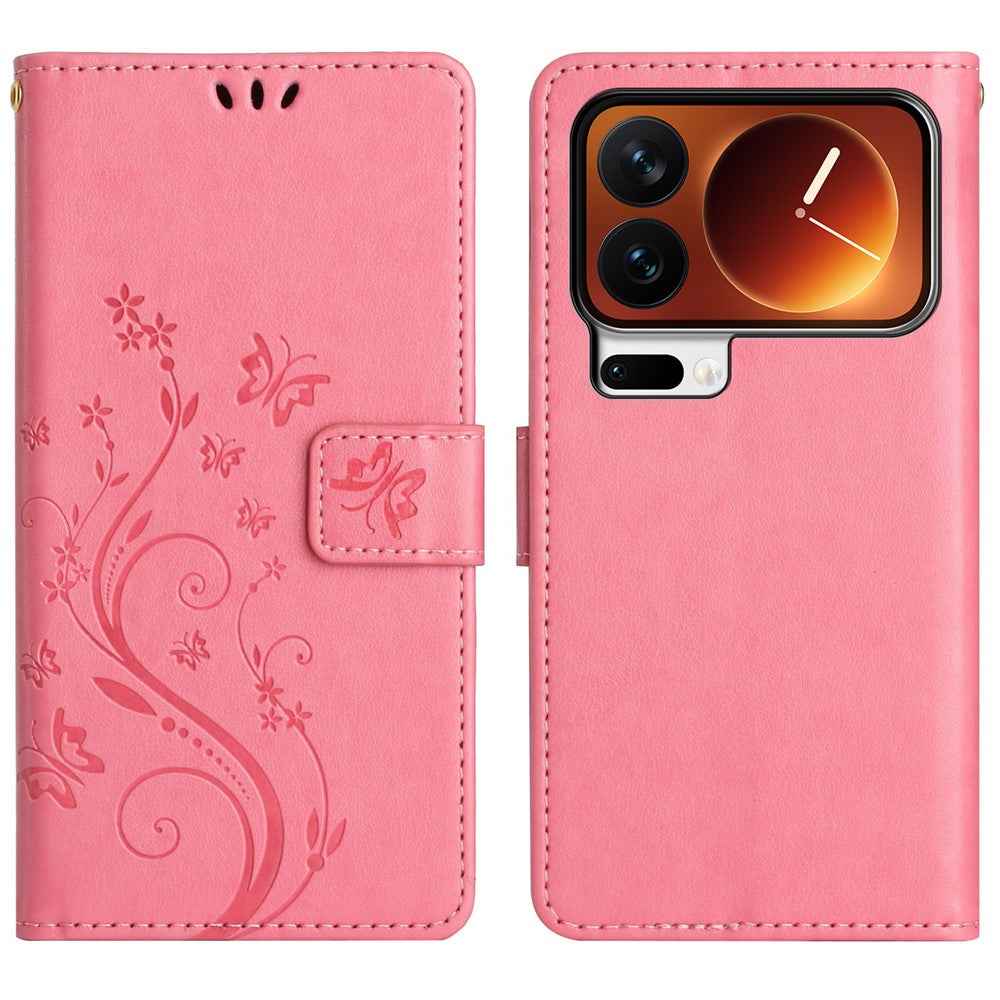 For Xiaomi 17 Pro Leather Wallet Case Butterfly Flower Imprinted Phone Cover with Strap - Pink