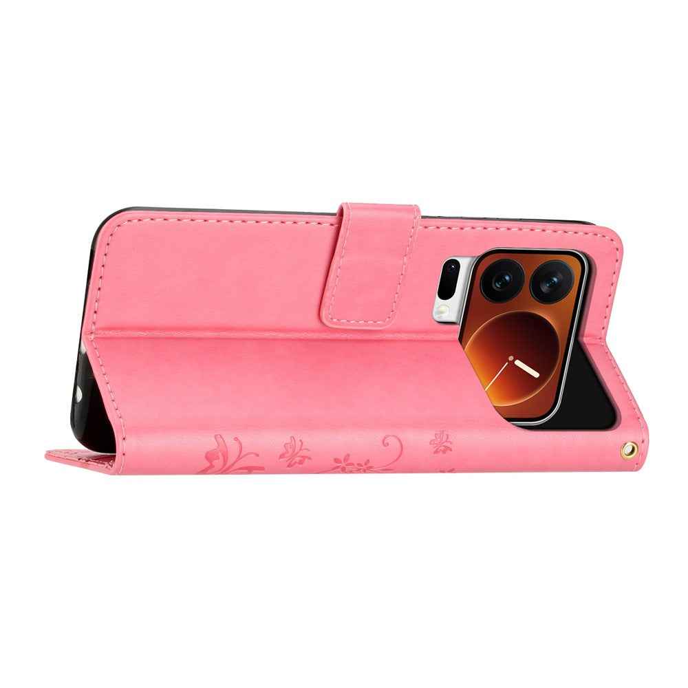 For Xiaomi 17 Pro Leather Wallet Case Butterfly Flower Imprinted Phone Cover with Strap - Pink
