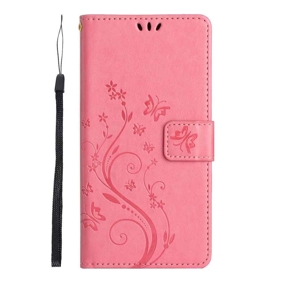 For Xiaomi 17 Pro Leather Wallet Case Butterfly Flower Imprinted Phone Cover with Strap - Pink