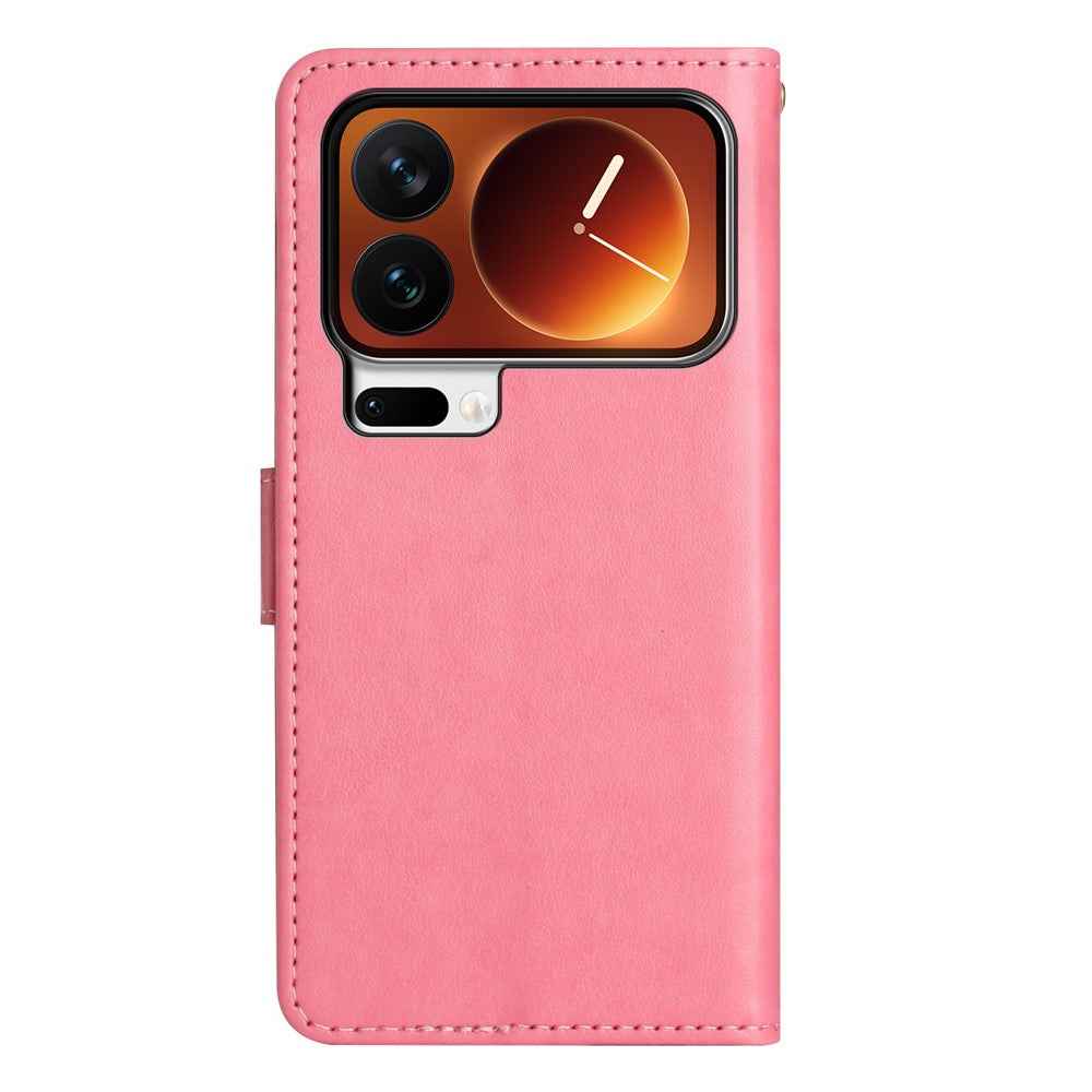 For Xiaomi 17 Pro Leather Wallet Case Butterfly Flower Imprinted Phone Cover with Strap - Pink