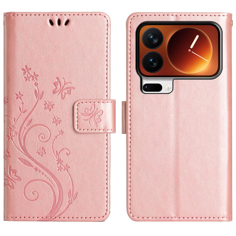 For Xiaomi 17 Pro Max Leather Wallet Case Butterfly Flower Imprinted Phone Cover with Strap - Rose Gold