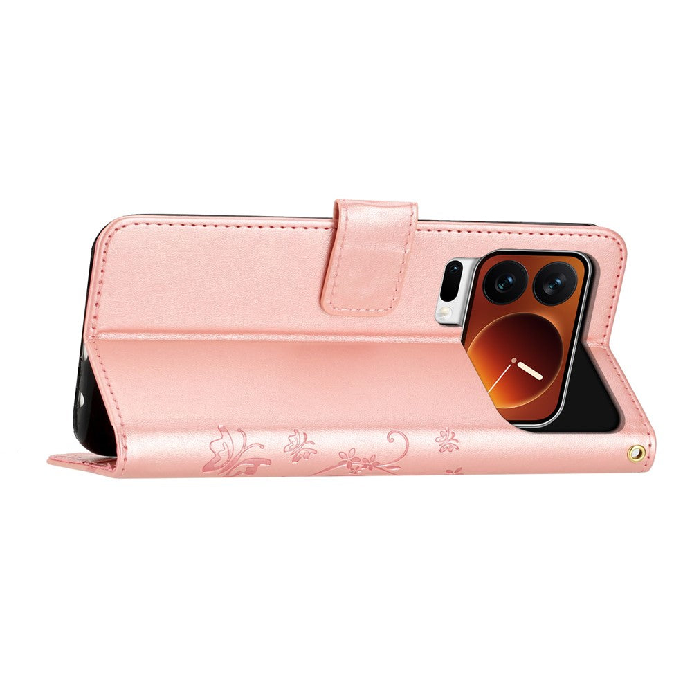 For Xiaomi 17 Pro Max Leather Wallet Case Butterfly Flower Imprinted Phone Cover with Strap - Rose Gold