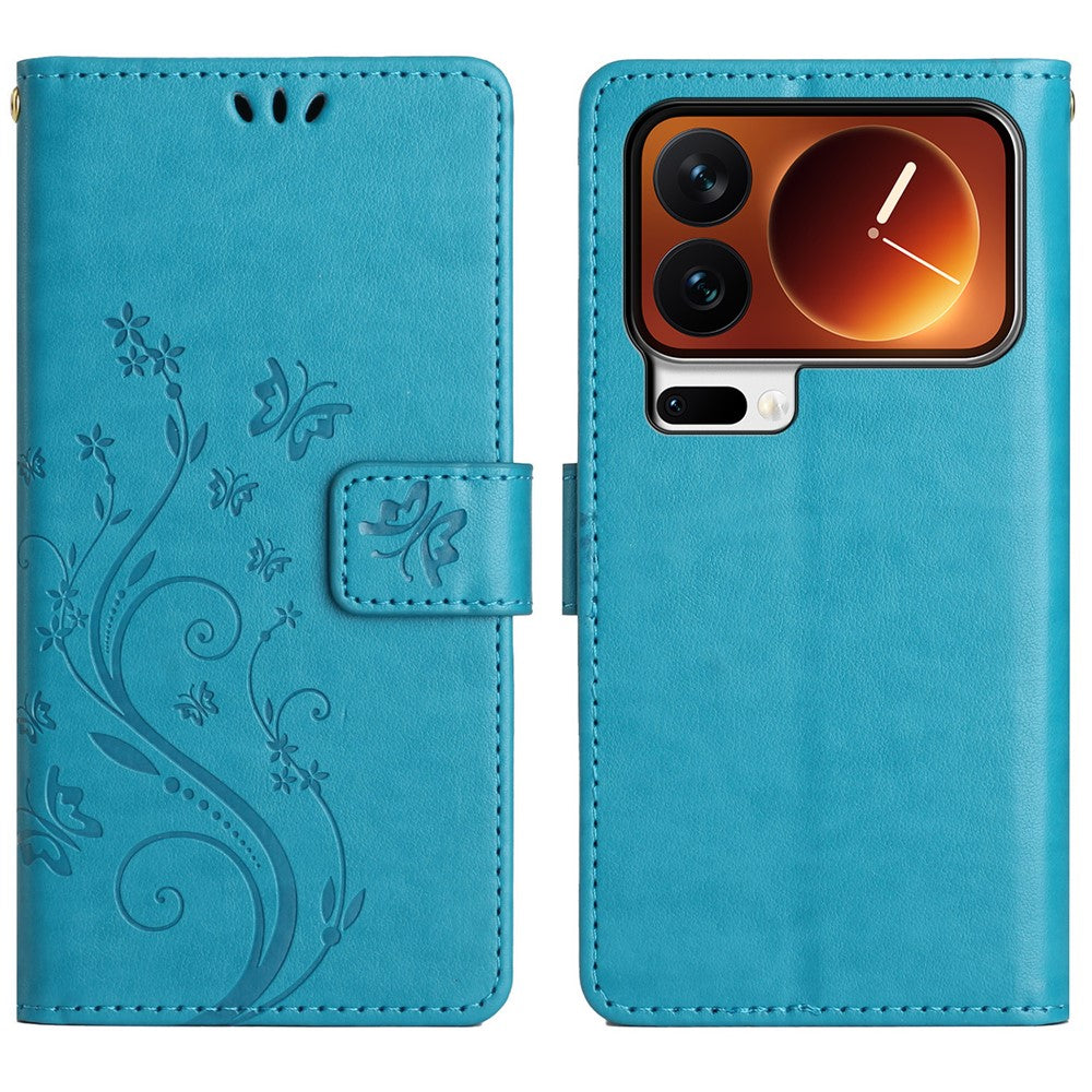 For Xiaomi 17 Pro Max Leather Wallet Case Butterfly Flower Imprinted Phone Cover with Strap - Blue