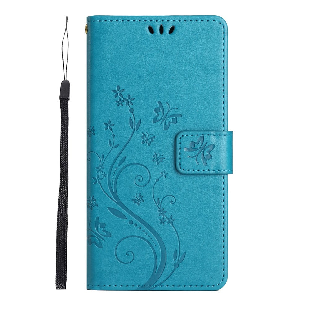 For Xiaomi 17 Pro Max Leather Wallet Case Butterfly Flower Imprinted Phone Cover with Strap - Blue