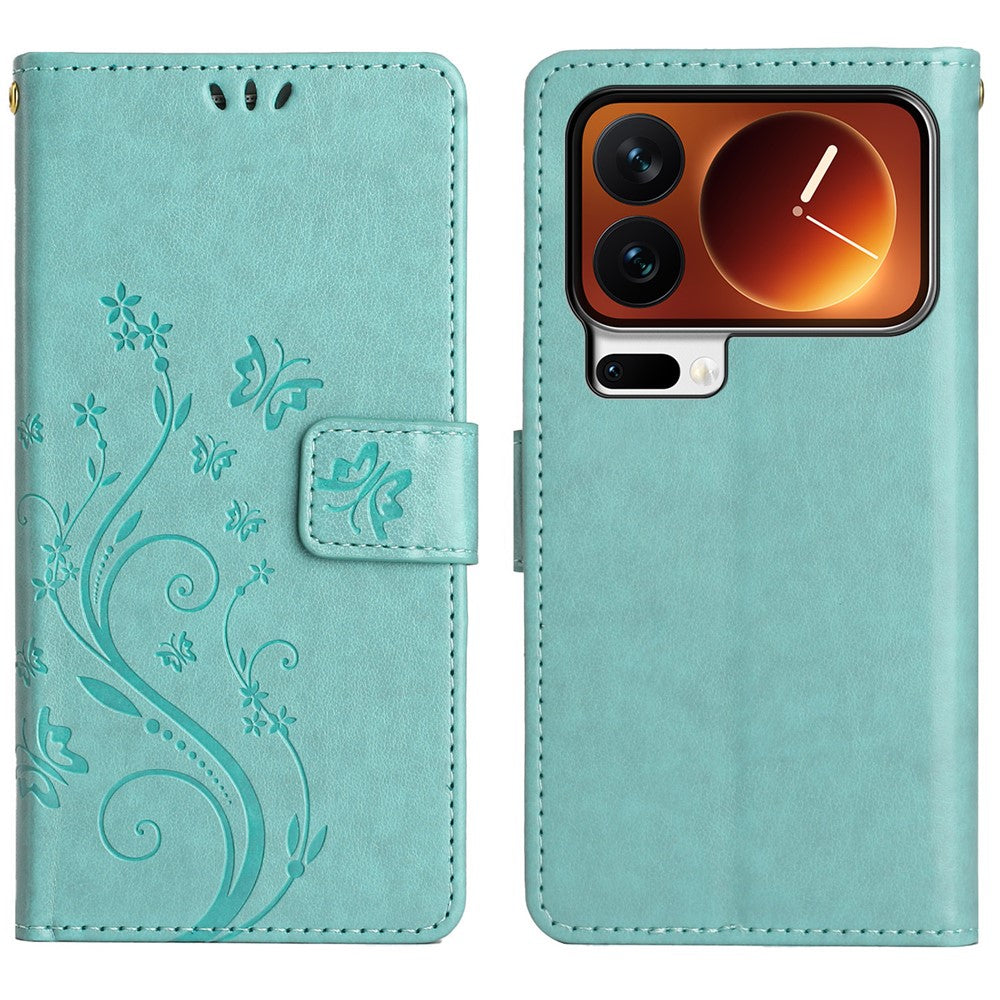 For Xiaomi 17 Pro Max Leather Wallet Case Butterfly Flower Imprinted Phone Cover with Strap - Green