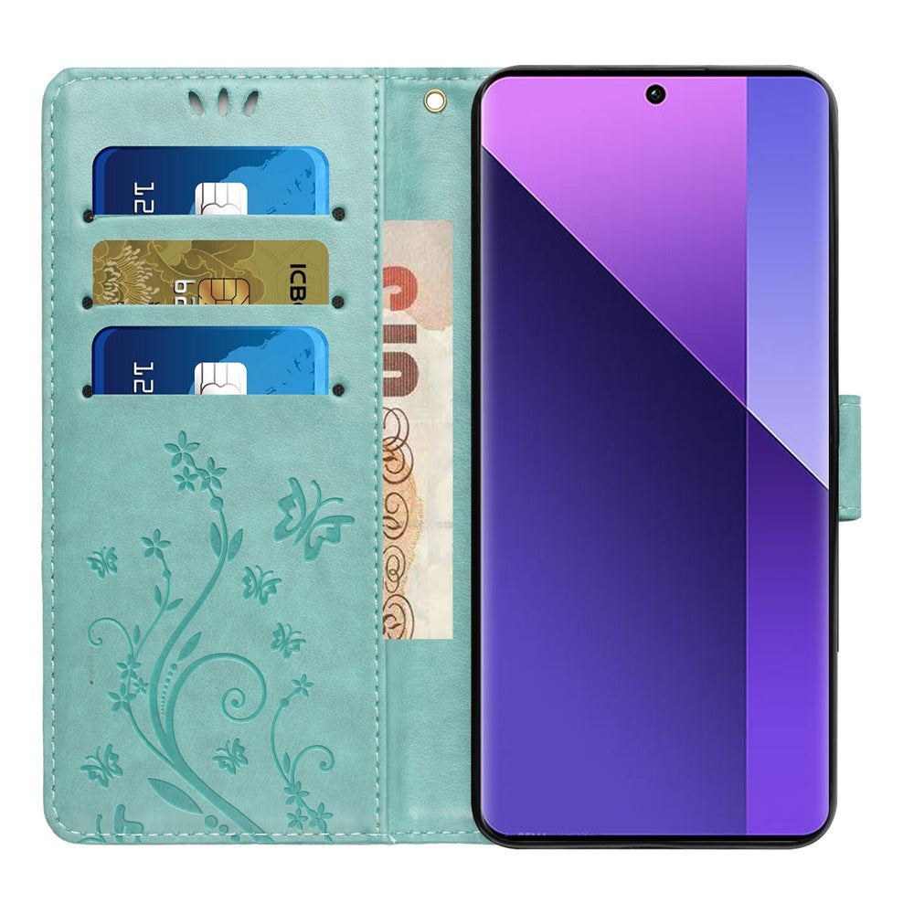 For Xiaomi 17 Pro Max Leather Wallet Case Butterfly Flower Imprinted Phone Cover with Strap - Green