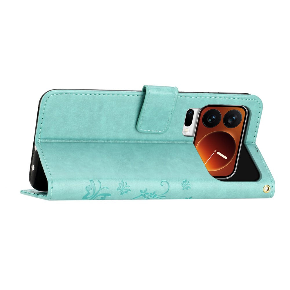 For Xiaomi 17 Pro Max Leather Wallet Case Butterfly Flower Imprinted Phone Cover with Strap - Green
