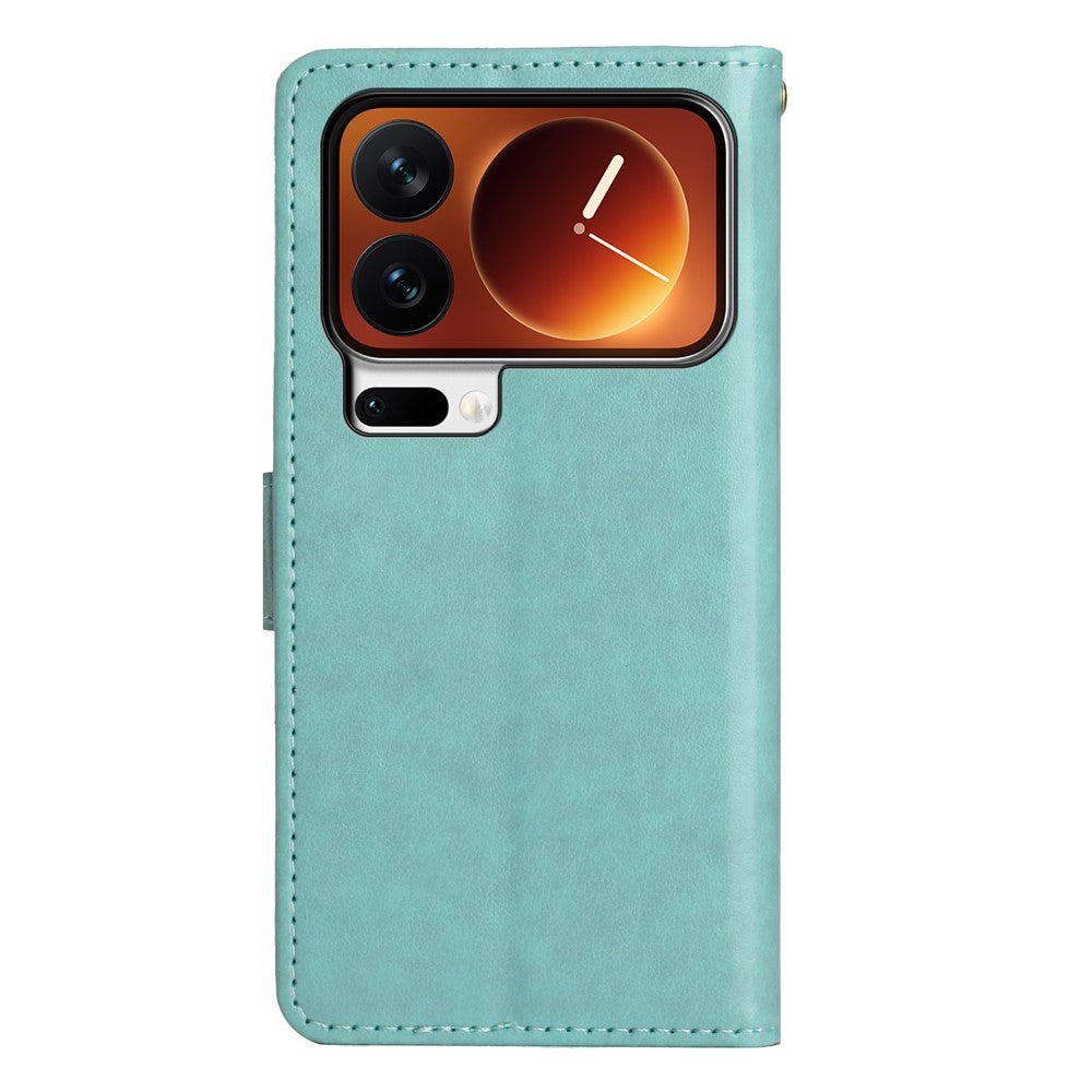 For Xiaomi 17 Pro Max Leather Wallet Case Butterfly Flower Imprinted Phone Cover with Strap - Green