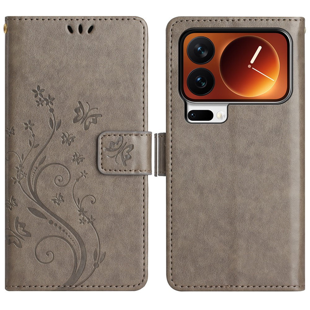 For Xiaomi 17 Pro Max Leather Wallet Case Butterfly Flower Imprinted Phone Cover with Strap - Grey