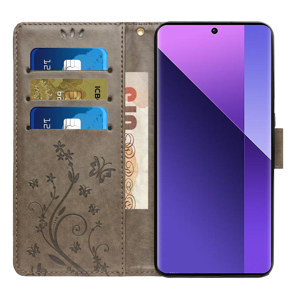 For Xiaomi 17 Pro Max Leather Wallet Case Butterfly Flower Imprinted Phone Cover with Strap - Grey