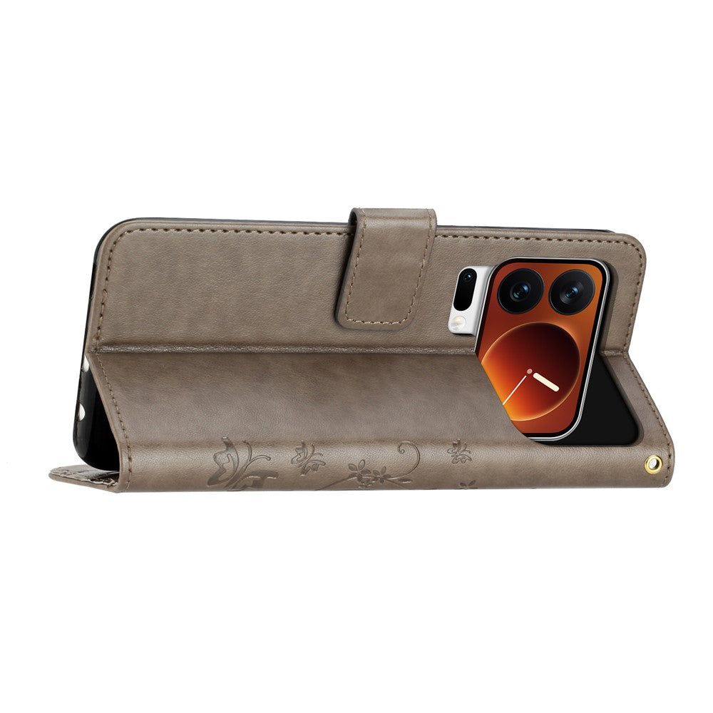 For Xiaomi 17 Pro Max Leather Wallet Case Butterfly Flower Imprinted Phone Cover with Strap - Grey