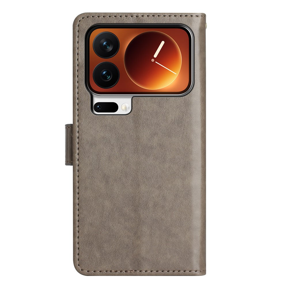 For Xiaomi 17 Pro Max Leather Wallet Case Butterfly Flower Imprinted Phone Cover with Strap - Grey