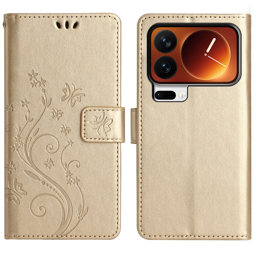 For Xiaomi 17 Pro Max Leather Wallet Case Butterfly Flower Imprinted Phone Cover with Strap - Gold