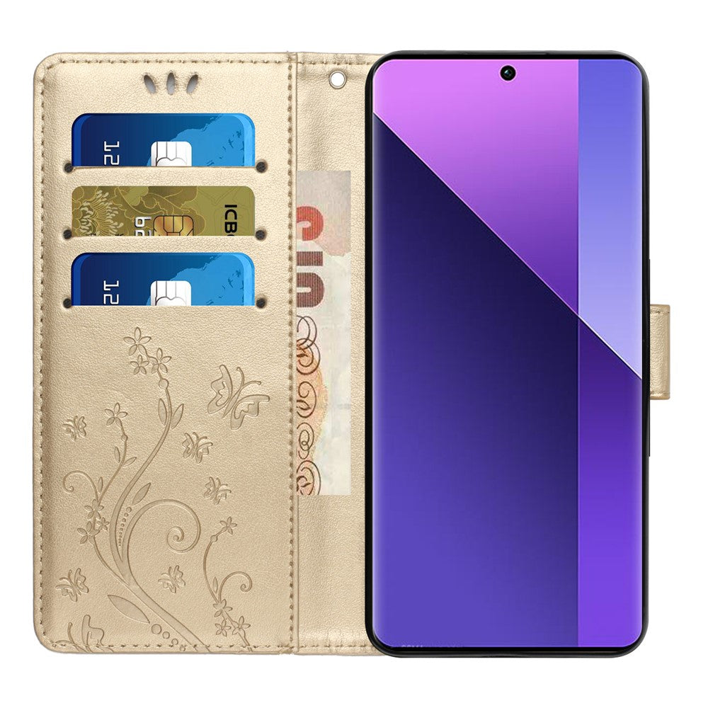 For Xiaomi 17 Pro Max Leather Wallet Case Butterfly Flower Imprinted Phone Cover with Strap - Gold