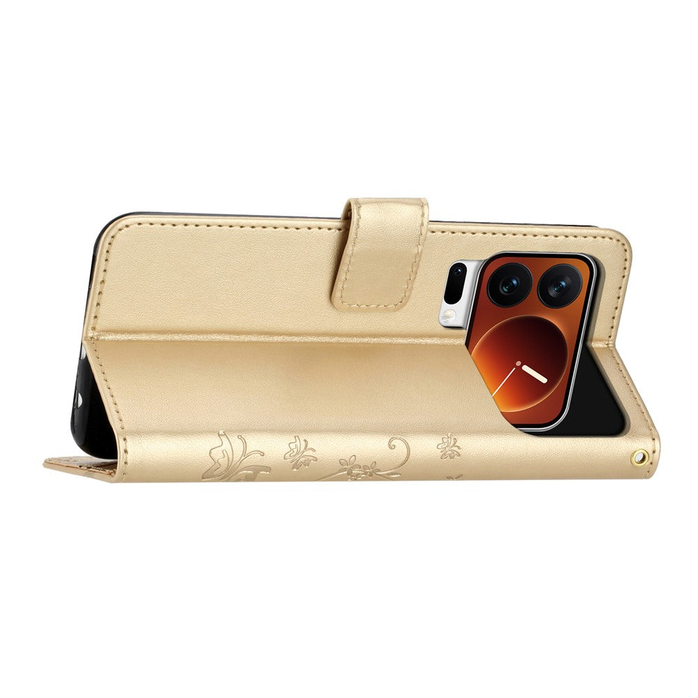 For Xiaomi 17 Pro Max Leather Wallet Case Butterfly Flower Imprinted Phone Cover with Strap - Gold