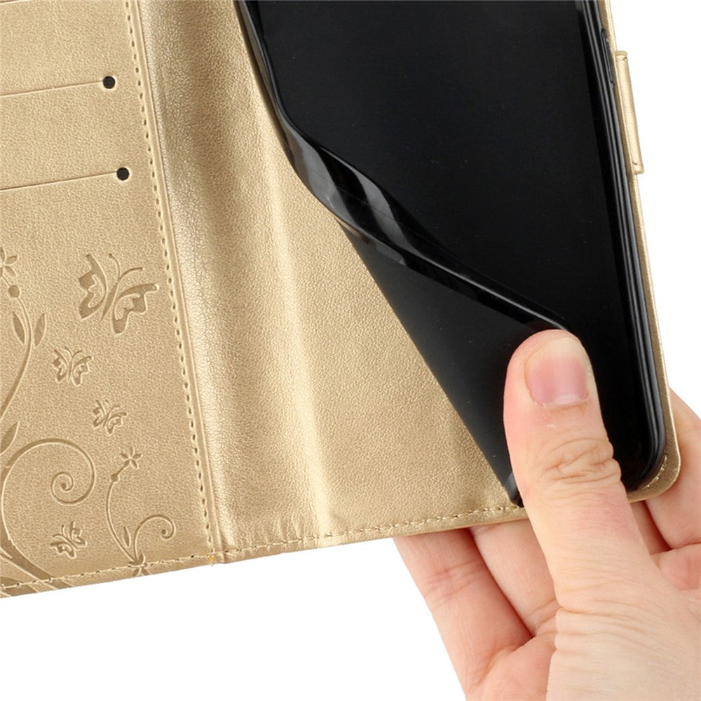 For Xiaomi 17 Pro Max Leather Wallet Case Butterfly Flower Imprinted Phone Cover with Strap - Gold