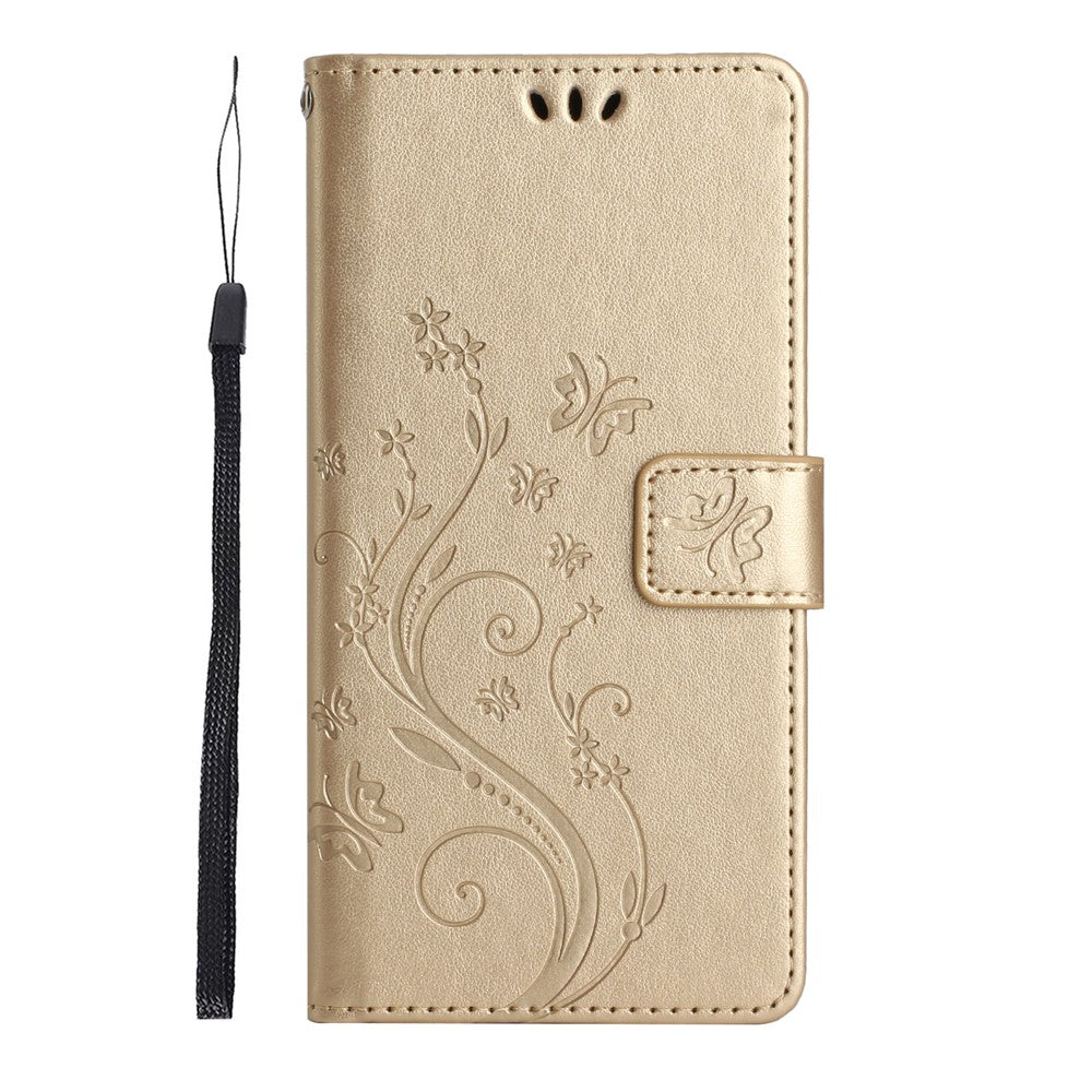 For Xiaomi 17 Pro Max Leather Wallet Case Butterfly Flower Imprinted Phone Cover with Strap - Gold