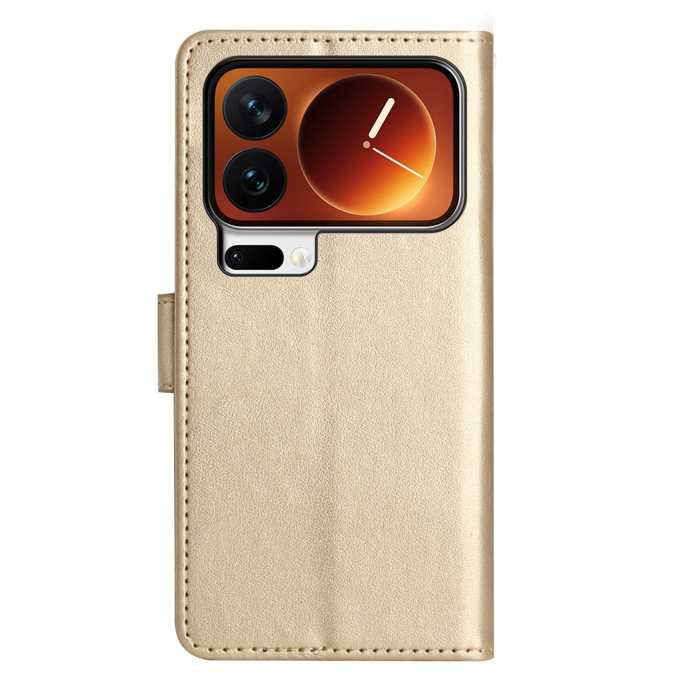 For Xiaomi 17 Pro Max Leather Wallet Case Butterfly Flower Imprinted Phone Cover with Strap - Gold