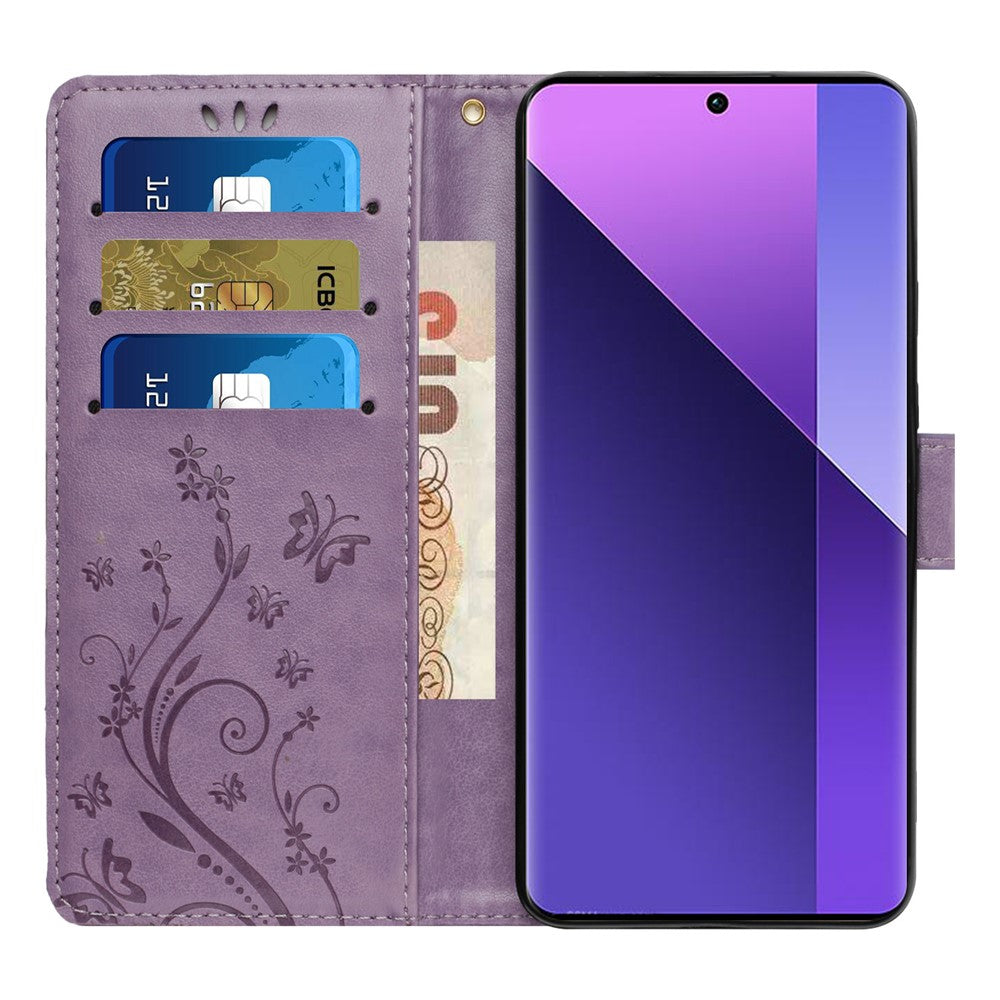 For Xiaomi 17 Pro Max Leather Wallet Case Butterfly Flower Imprinted Phone Cover with Strap - Light Purple