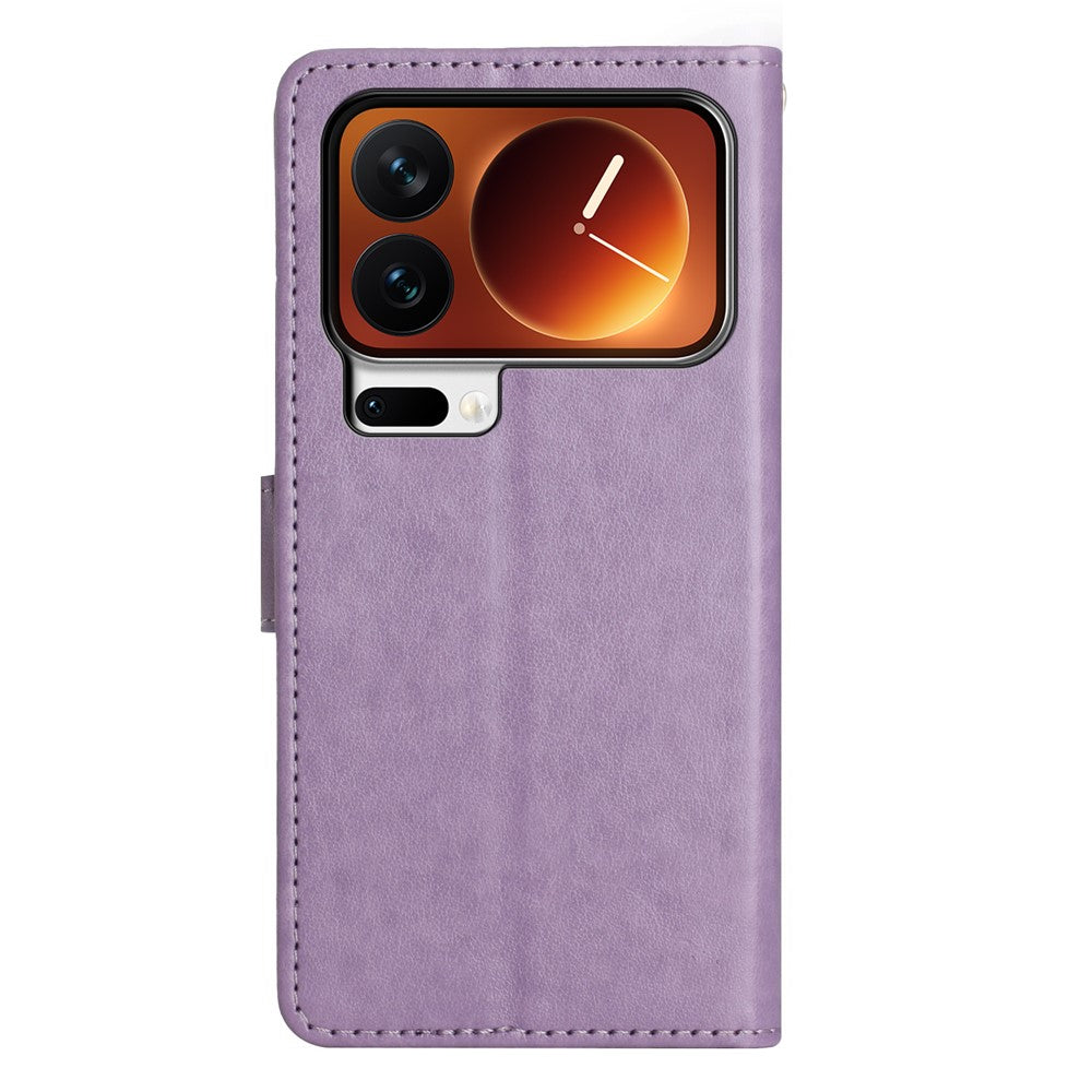 For Xiaomi 17 Pro Max Leather Wallet Case Butterfly Flower Imprinted Phone Cover with Strap - Light Purple