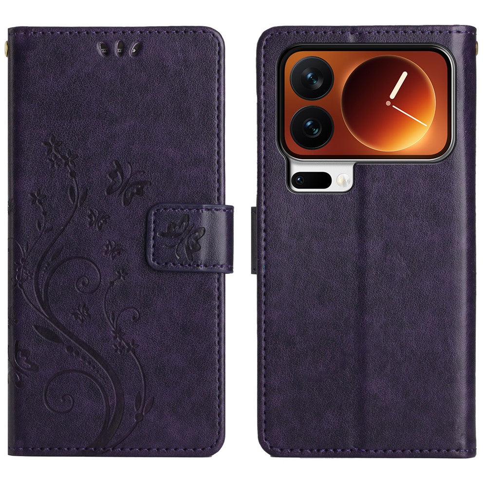 For Xiaomi 17 Pro Max Leather Wallet Case Butterfly Flower Imprinted Phone Cover with Strap - Dark Purple
