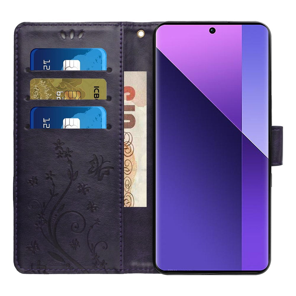 For Xiaomi 17 Pro Max Leather Wallet Case Butterfly Flower Imprinted Phone Cover with Strap - Dark Purple