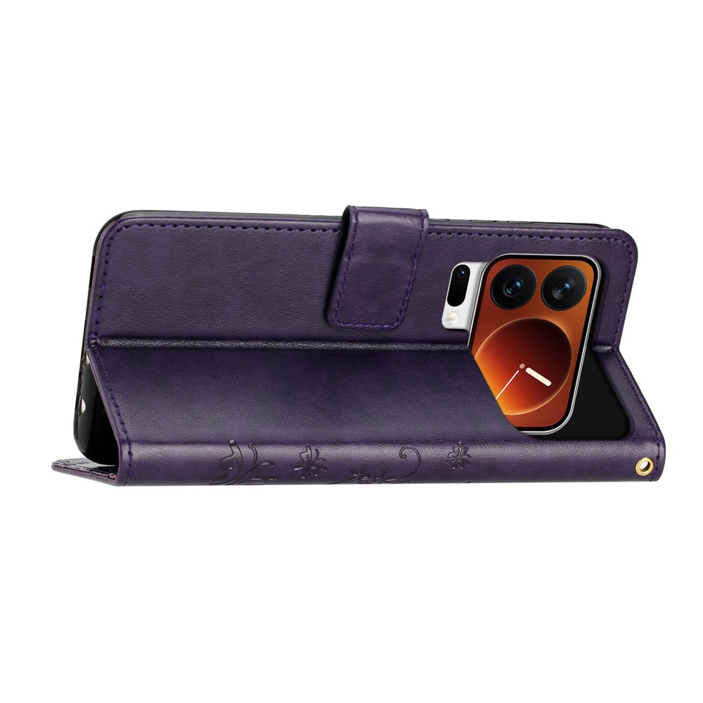 For Xiaomi 17 Pro Max Leather Wallet Case Butterfly Flower Imprinted Phone Cover with Strap - Dark Purple