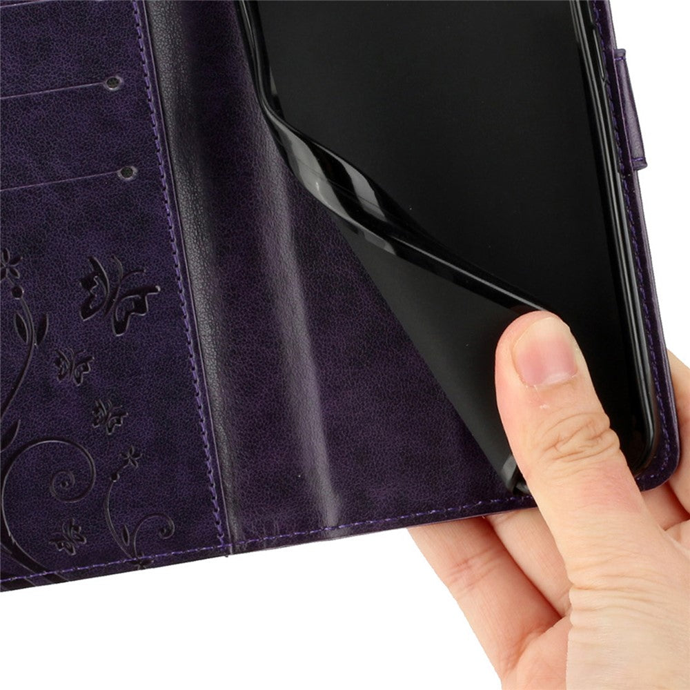 For Xiaomi 17 Pro Max Leather Wallet Case Butterfly Flower Imprinted Phone Cover with Strap - Dark Purple