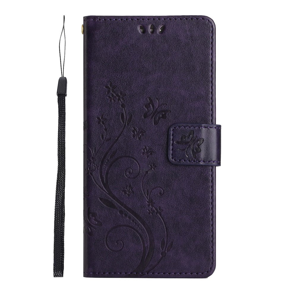 For Xiaomi 17 Pro Max Leather Wallet Case Butterfly Flower Imprinted Phone Cover with Strap - Dark Purple