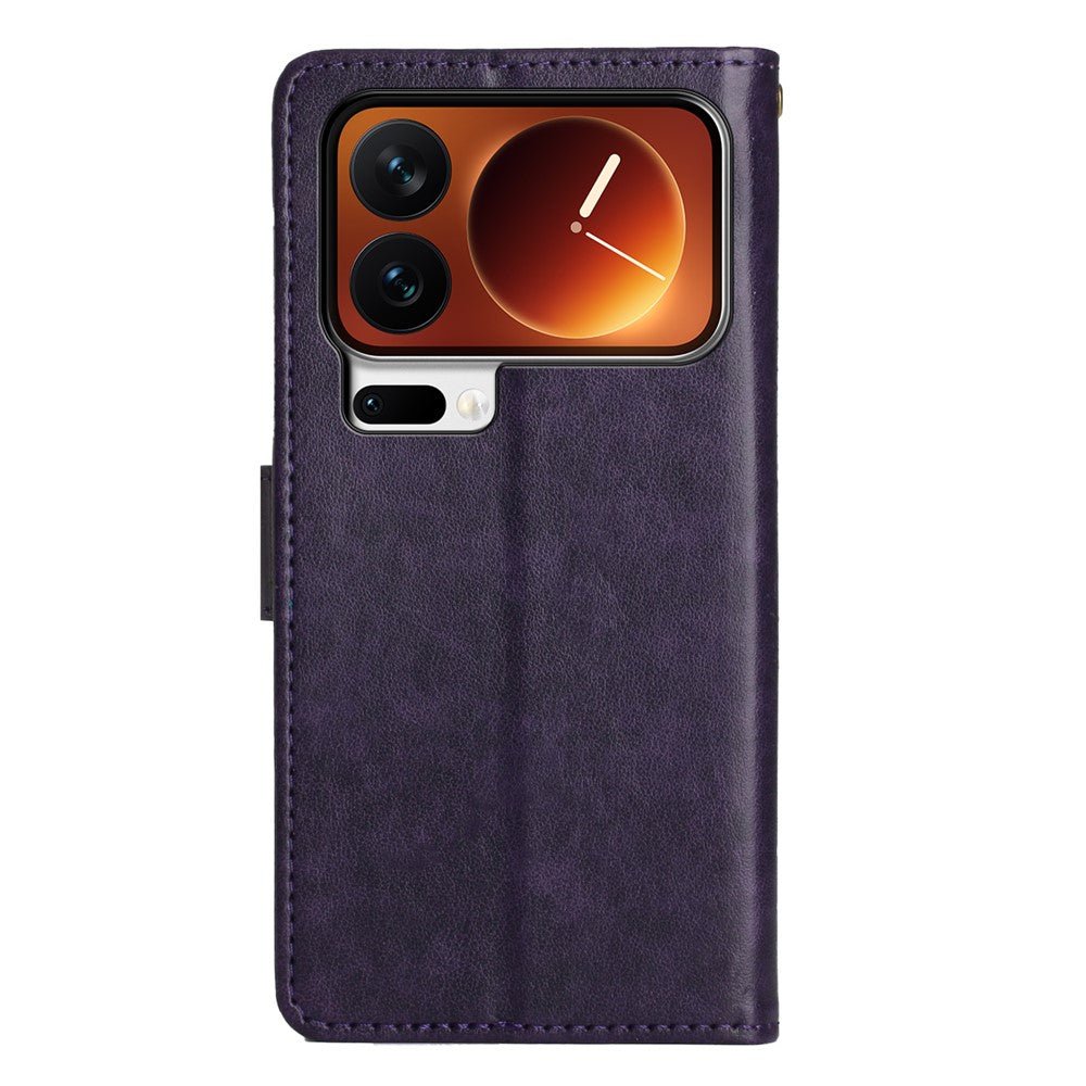 For Xiaomi 17 Pro Max Leather Wallet Case Butterfly Flower Imprinted Phone Cover with Strap - Dark Purple