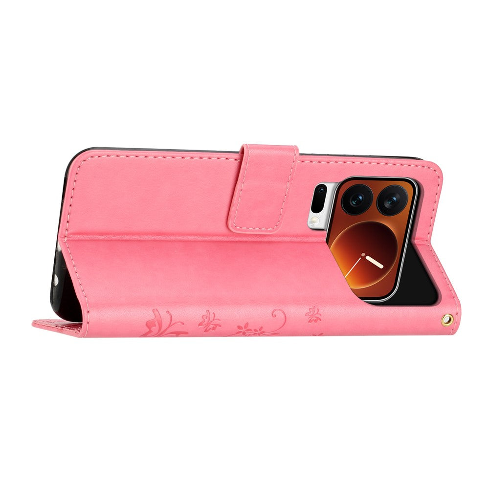For Xiaomi 17 Pro Max Leather Wallet Case Butterfly Flower Imprinted Phone Cover with Strap - Pink