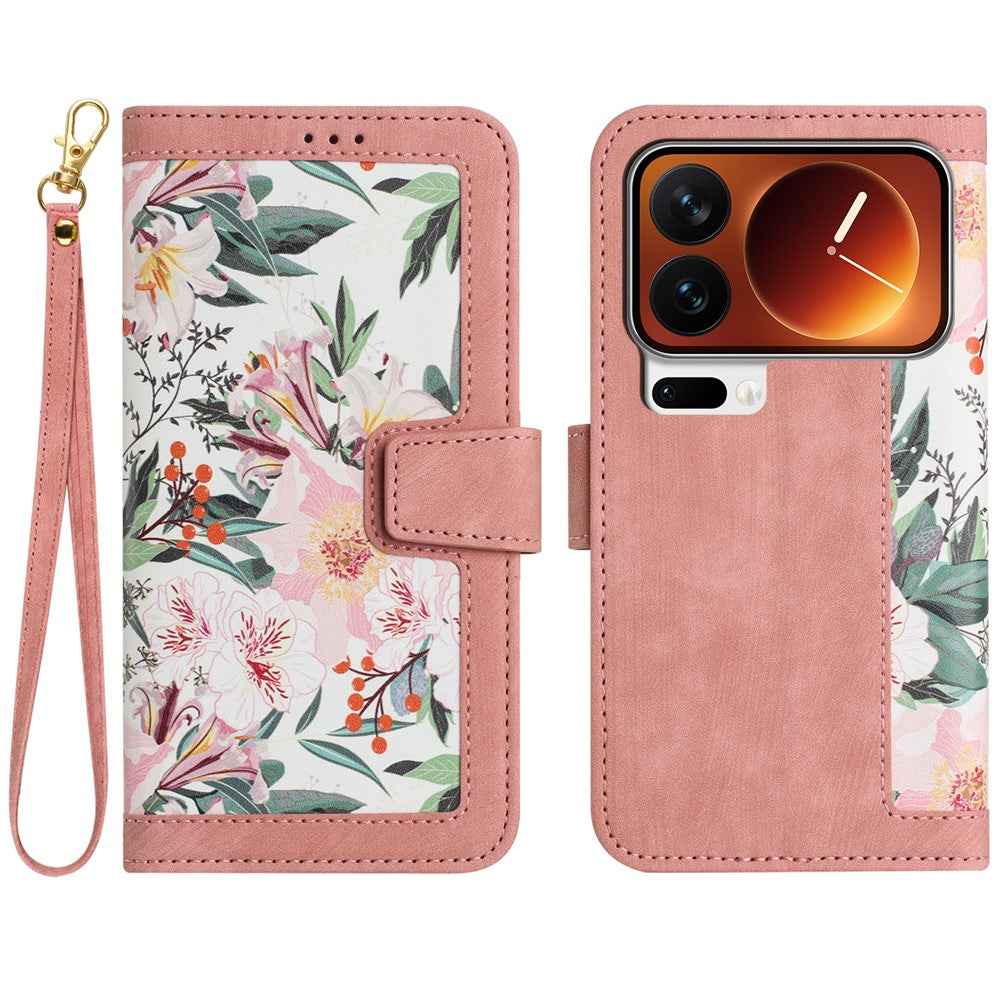 For Xiaomi 17 Pro Case PU Leather Floral Phone Cover with Card Slots - Pink
