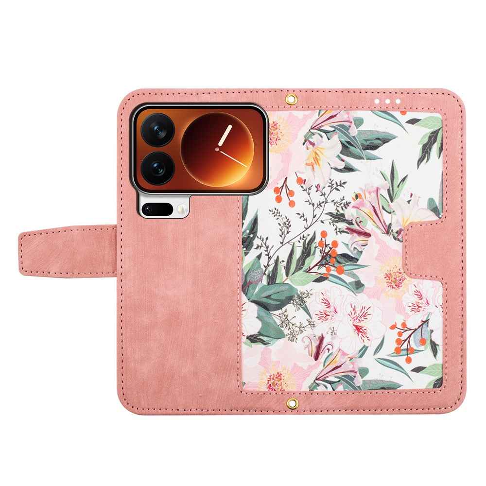 For Xiaomi 17 Pro Case PU Leather Floral Phone Cover with Card Slots - Pink