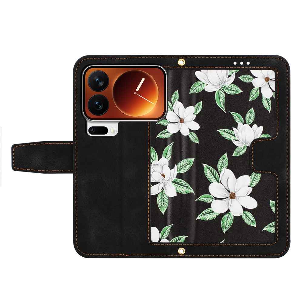 For Xiaomi 17 Pro Case PU Leather Floral Phone Cover with Card Slots - Black