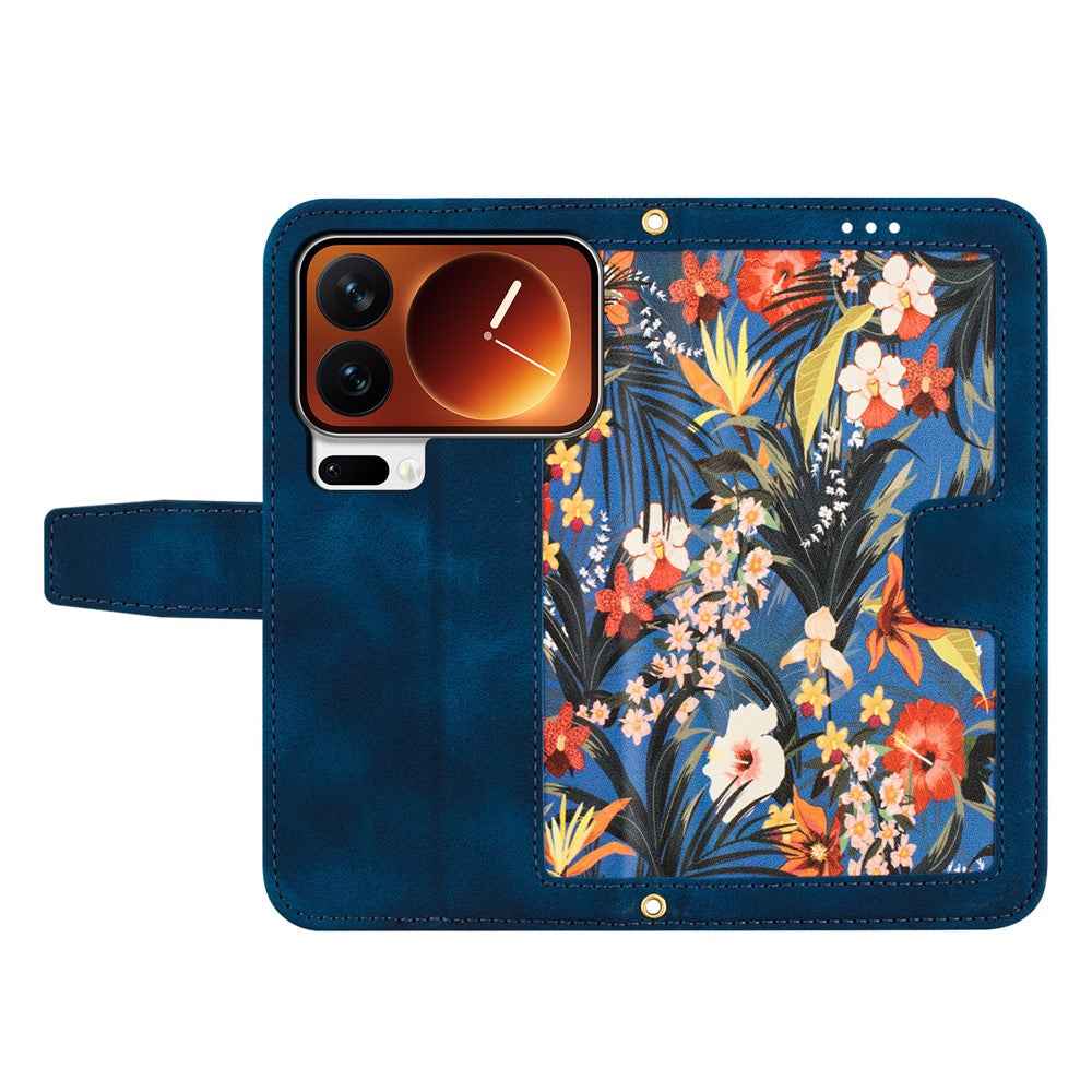 For Xiaomi 17 Pro Case PU Leather Floral Phone Cover with Card Slots - Dark Blue