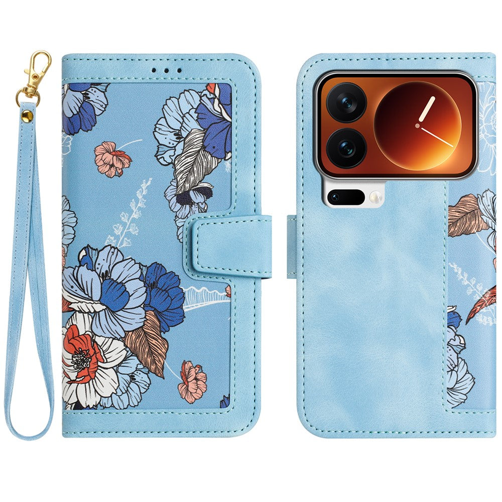 For Xiaomi 17 Pro Max Case PU Leather Floral Phone Cover with Card Slots - Baby Blue