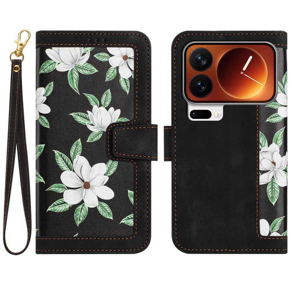 For Xiaomi 17 Pro Max Case PU Leather Floral Phone Cover with Card Slots - Black