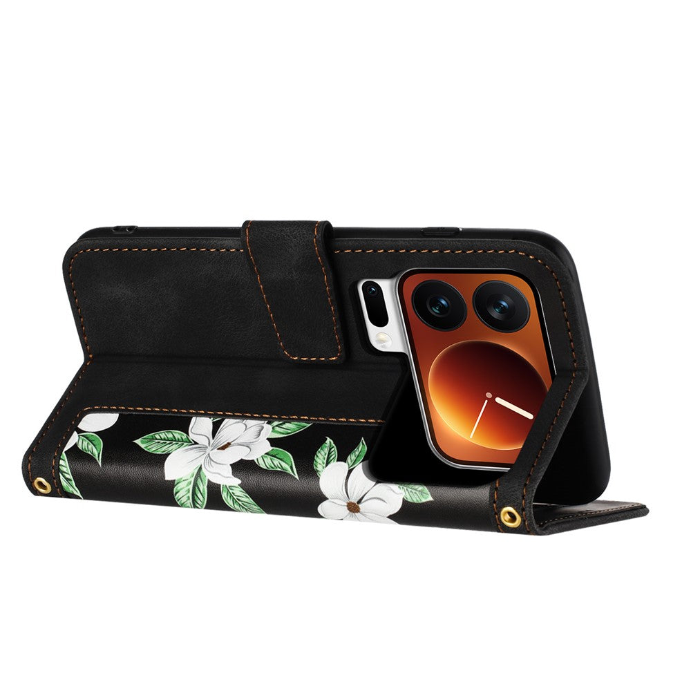 For Xiaomi 17 Pro Max Case PU Leather Floral Phone Cover with Card Slots - Black