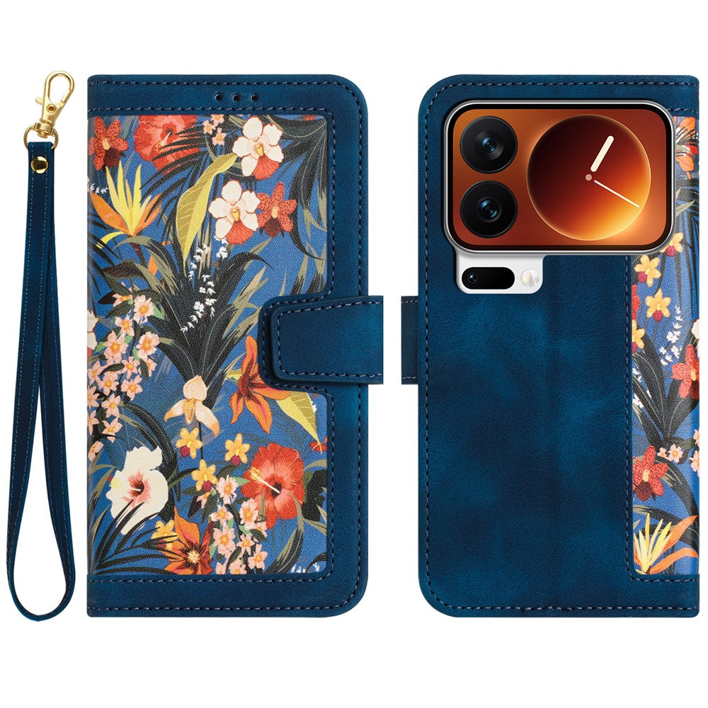 For Xiaomi 17 Pro Max Case PU Leather Floral Phone Cover with Card Slots - Dark Blue