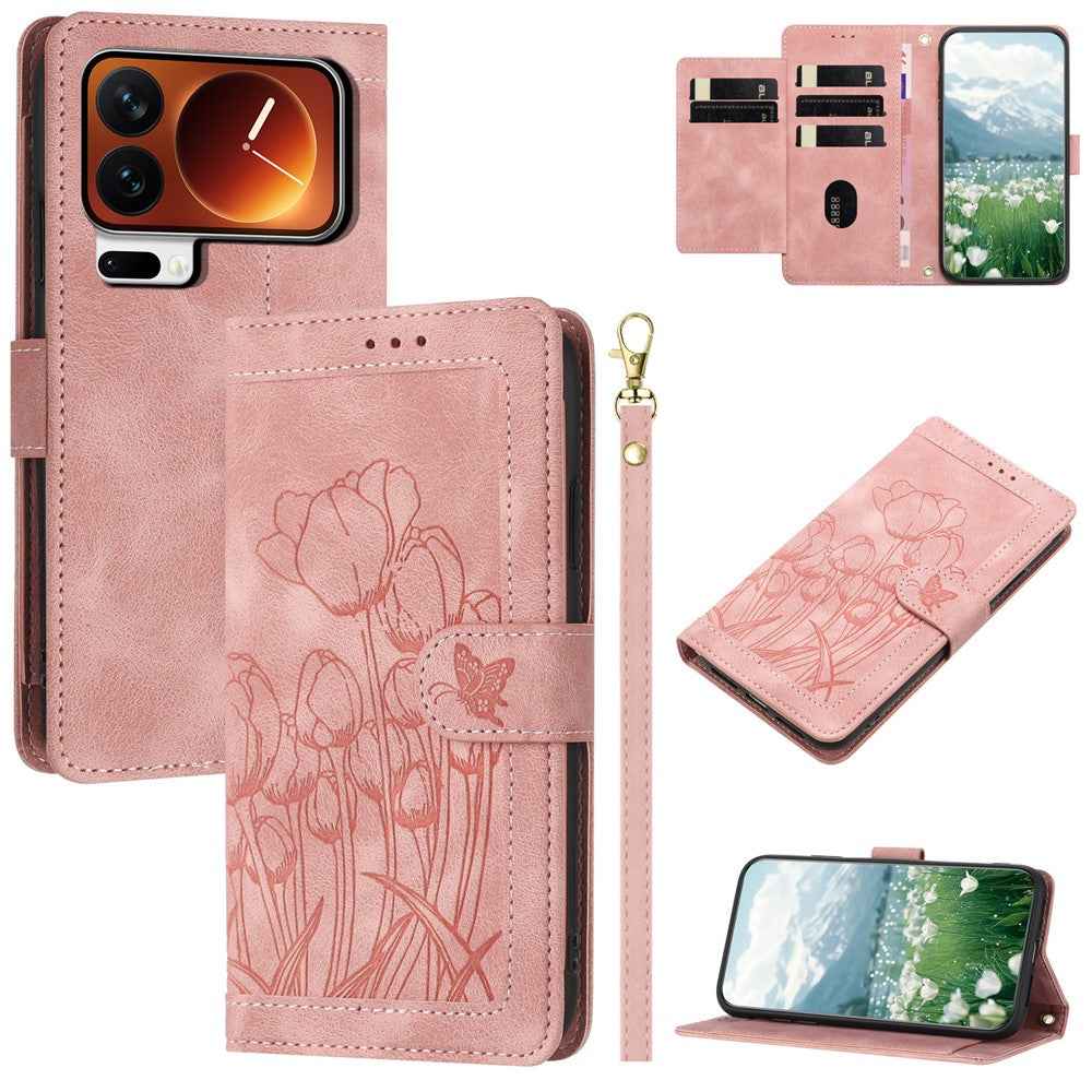 For Xiaomi 17 Pro Case Tulip Leather Phone Cover with 5 Card Slots Wallet - Pink