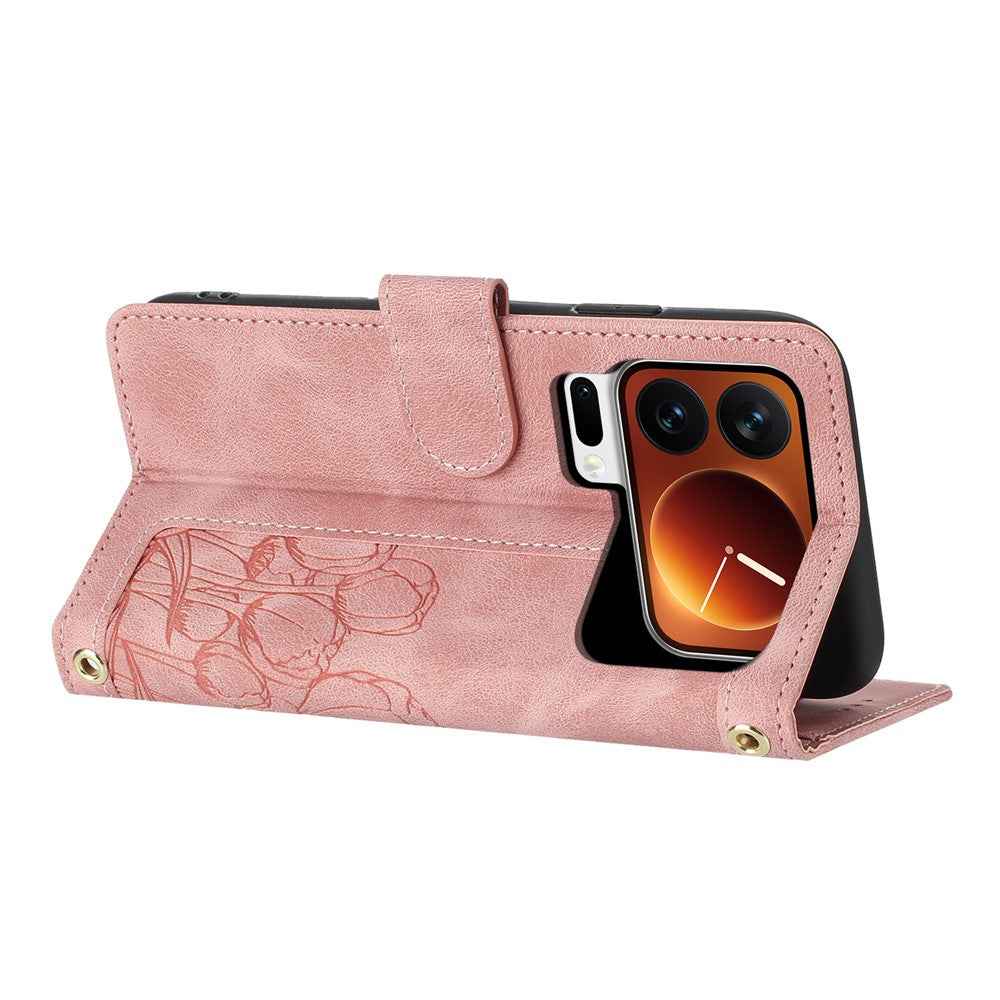 For Xiaomi 17 Pro Case Tulip Leather Phone Cover with 5 Card Slots Wallet - Pink