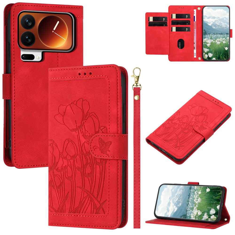 For Xiaomi 17 Pro Case Tulip Leather Phone Cover with 5 Card Slots Wallet - Red
