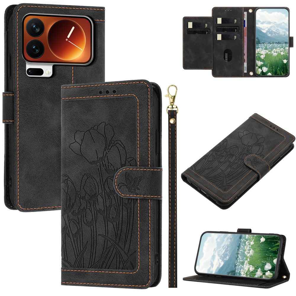 For Xiaomi 17 Pro Case Tulip Leather Phone Cover with 5 Card Slots Wallet - Black