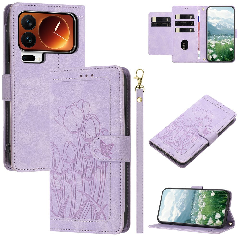 For Xiaomi 17 Pro Max Case Tulip Leather Phone Cover with 5 Card Slots Wallet - Purple