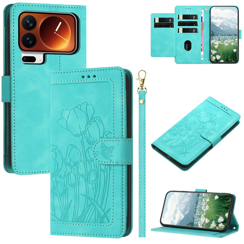 For Xiaomi 17 Pro Max Case Tulip Leather Phone Cover with 5 Card Slots Wallet - Green