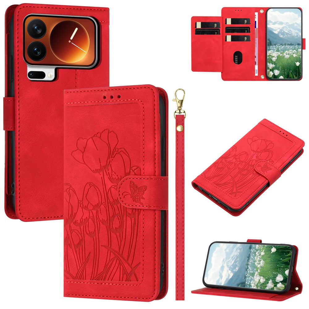 For Xiaomi 17 Pro Max Case Tulip Leather Phone Cover with 5 Card Slots Wallet - Red