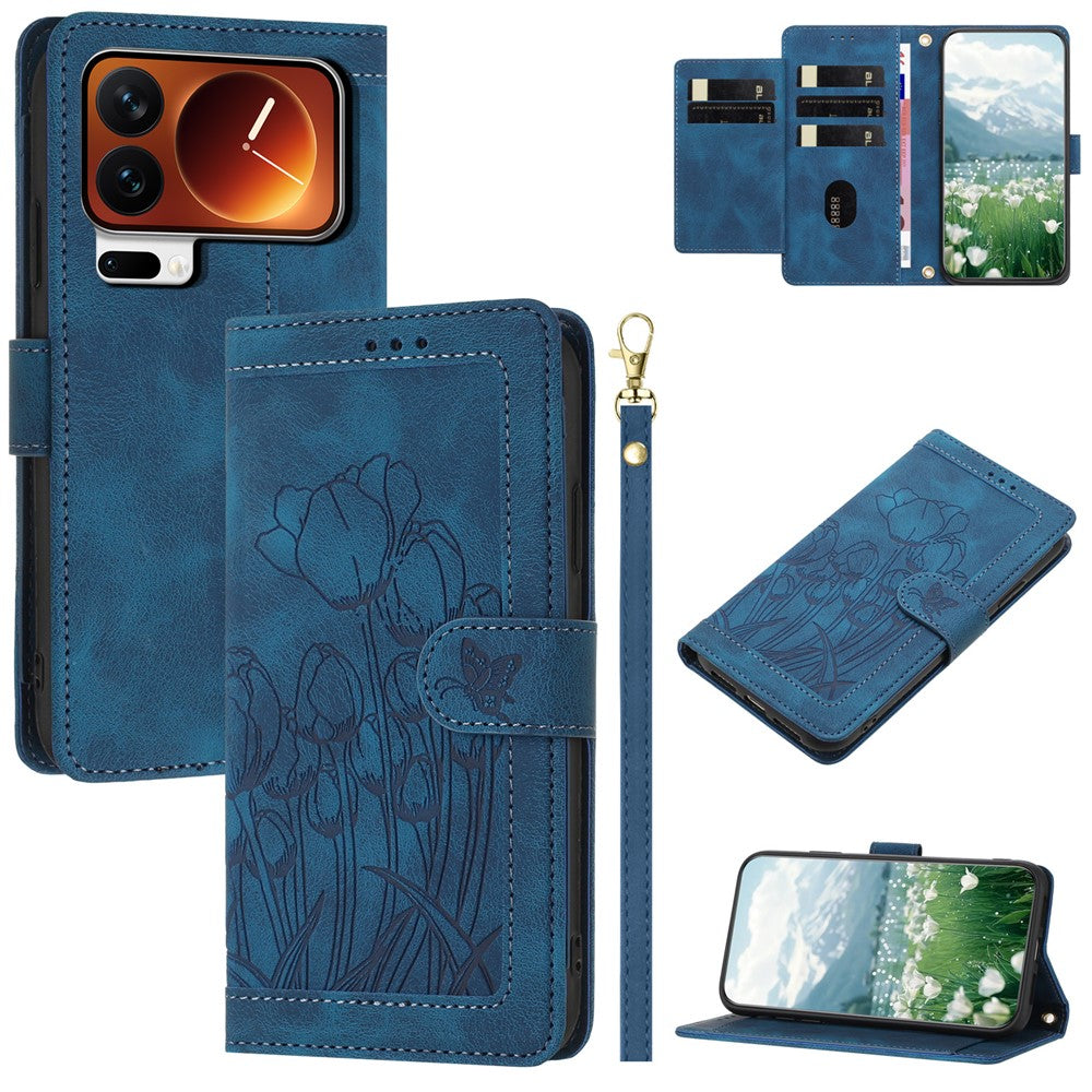 For Xiaomi 17 Pro Max Case Tulip Leather Phone Cover with 5 Card Slots Wallet - Blue