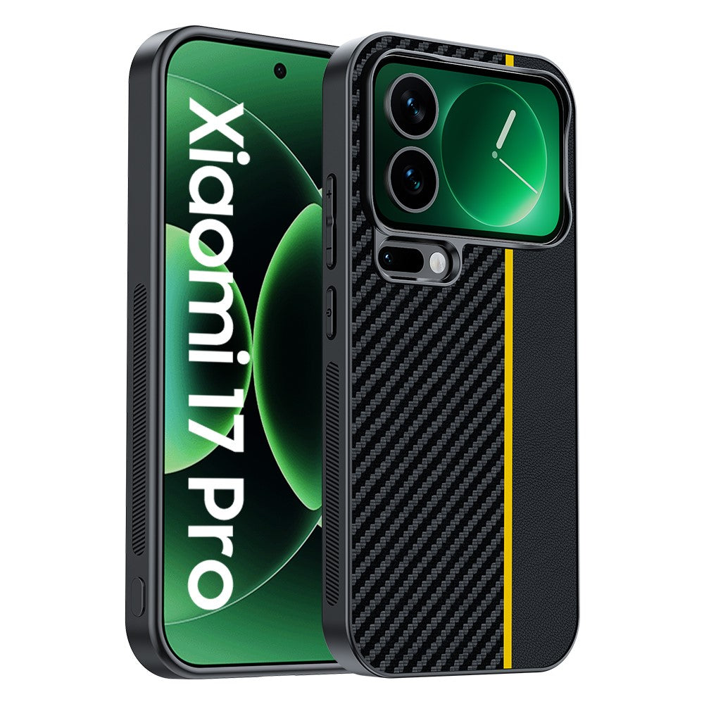 For Xiaomi 17 Pro Max Case Leather + PC Hard Phone Cover Carbon Fiber Texture - Black / Yellow